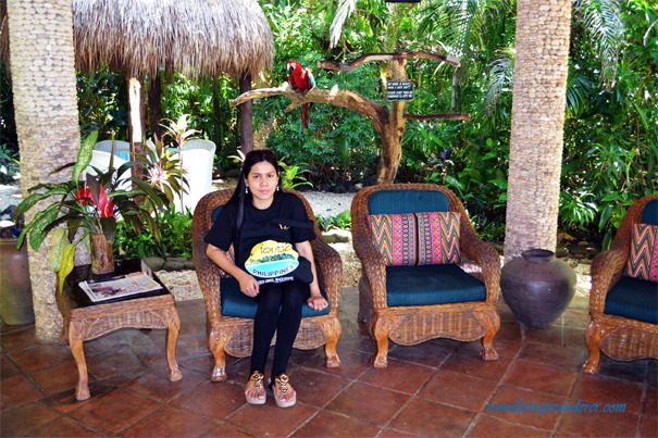 Reception Area of Coco Grove Beach Resort A red parrot and a lady sitting in a chair