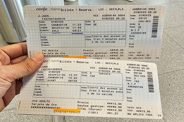 Renfe ticket details for a Madrid to Segovia trip